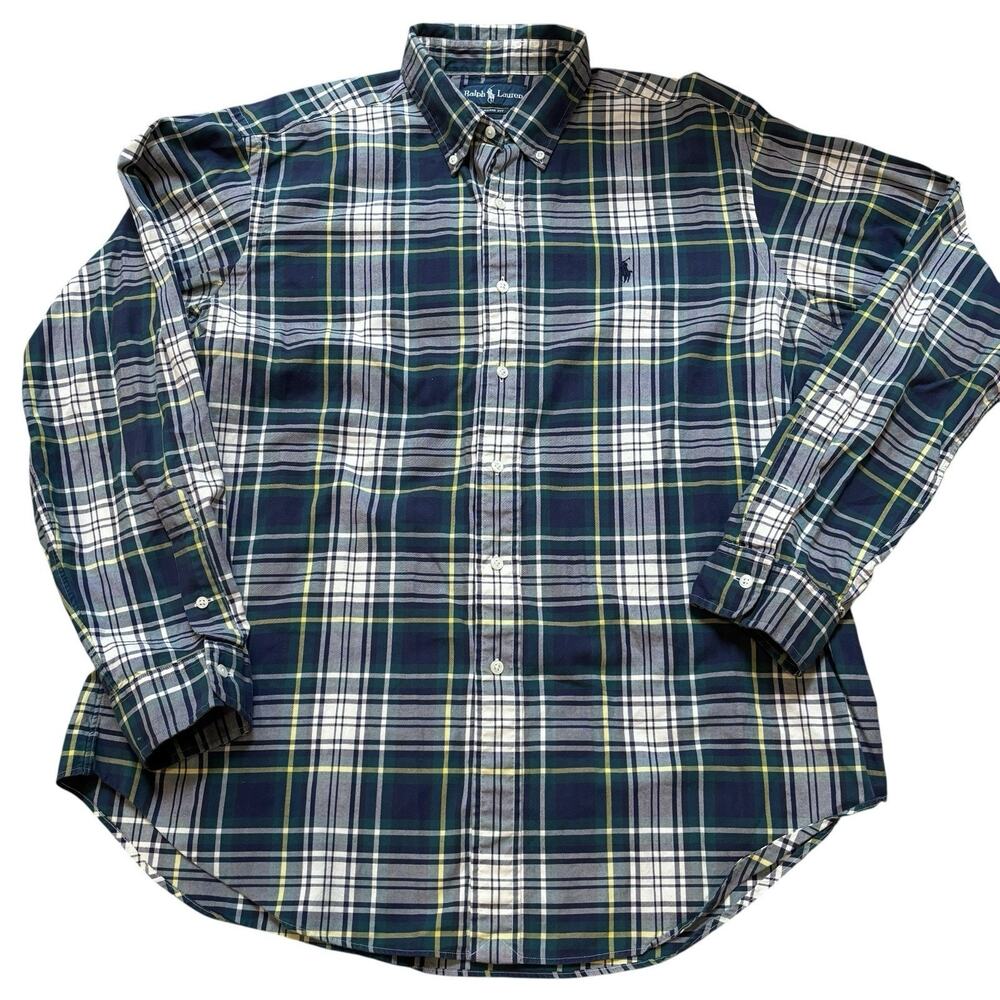 Vintage Polo Ralph Lauren Shirt Mens XL Classic Fit Green Tartan Plaid Button Up